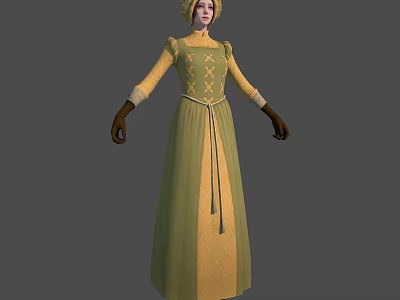 Medieval Female Character In Green Dress With Yellow Accents Headpiece And Brown Gloves 3d model