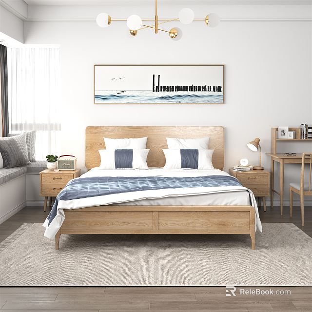 Cozy Modern Bedroom Interior With Wooden Headboard Double Bed White Blue Pillows And Wall Art 3d model 
