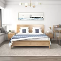 Cozy Modern Bedroom Interior With Wooden Headboard Double Bed White Blue Pillows And Wall Art