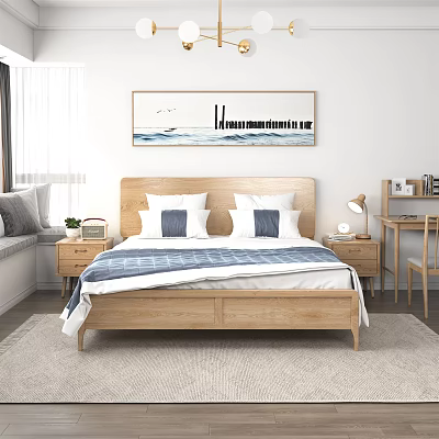 Cozy Modern Bedroom Interior With Wooden Headboard Double Bed White Blue Pillows And Wall Art 3d model