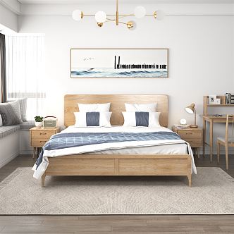 Modern background double bed solid wood bed 3d model