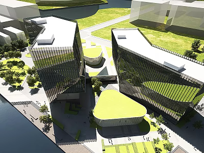Modern Office Buildings With Glass Curtain Walls Green Roofs And Waterfront Greenery 3d model