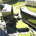 Modern Office Buildings With Glass Curtain Walls Green Roofs And Waterfront Greenery