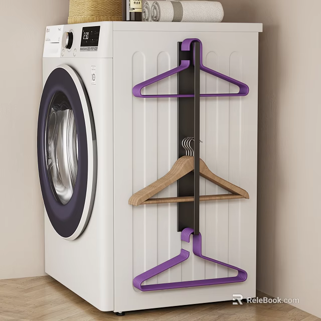 Space Saving Laundry Storage Rack With Purple Hangers And Wooden Hanger For Washing Machine 3d model 