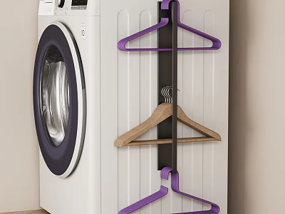 Space Saving Laundry Storage Rack With Purple Hangers And Wooden Hanger For Washing Machine 3d model