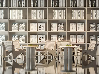 Modern Bookcase Filled With Books Featuring Chairs And Small Round Tables In Clean Reading Space 3d model