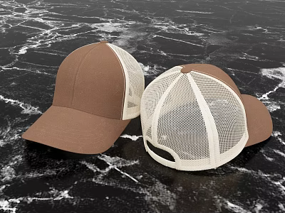 Two Brown Solid Color and White Mesh Hats Displayed on Black Marble Background 3d model