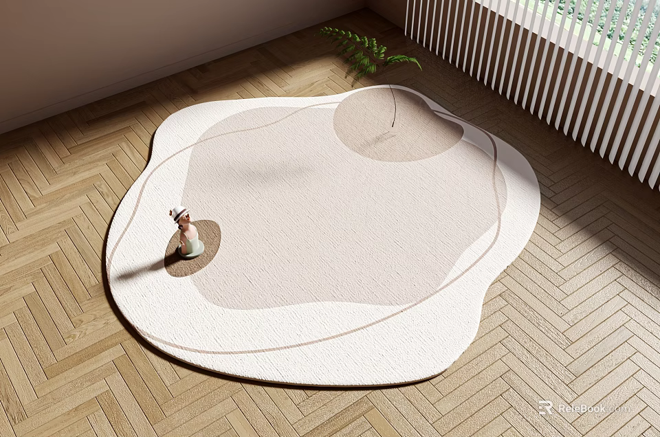 Modern Unique Shaped Area Rug on Parquet Floor with Decor 3d model