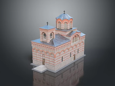 Church Style Building With Dome Blue Roof Red Brick White Stripes Crosses And Stepped Entrance 3d model