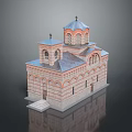 Church Style Building With Dome Blue Roof Red Brick White Stripes Crosses And Stepped Entrance