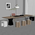 Contemporary Tea Table And Chairs With Wooden Stools Pink Chair Tea Set And Green Plant