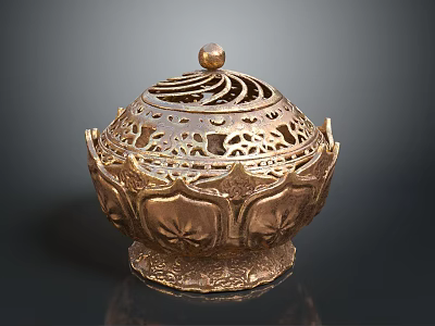 Decorative Golden Furniture Piece With Intricate Carved Lid And Ornate Base 3d model
