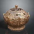 Decorative Golden Furniture Piece With Intricate Carved Lid And Ornate Base