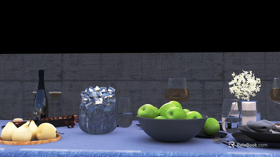 Fresh Green Apples and Yellow Pears Arranged on Blue Tablecloth with Dining Setup 3d model 