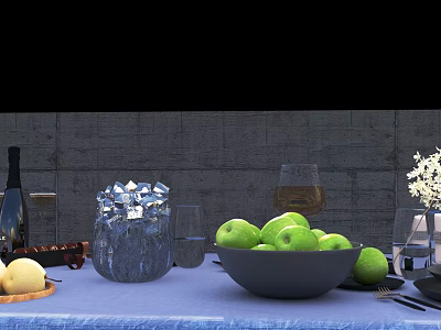 Fresh Green Apples and Yellow Pears Arranged on Blue Tablecloth with Dining Setup 3d model