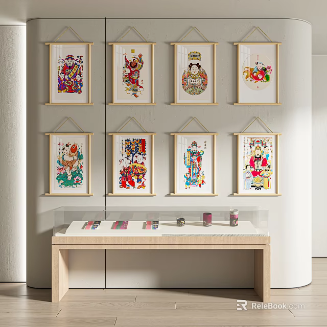 Traditional Decorative Paintings Hanging On Wall With Wooden Display Table 3d model 