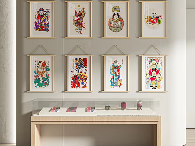 Traditional Decorative Paintings Hanging On Wall With Wooden Display Table 3d model