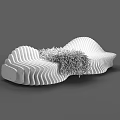Garden Ornament Wooden Bench With Wavy Striped Design Adorned With Lush Green Plants