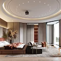 Modern Bedroom Interior With Circular Ceiling Gray Sofa Large Windows Wooden Floor And Decorative Plant