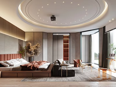Modern Bedroom Interior With Circular Ceiling Gray Sofa Large Windows Wooden Floor And Decorative Plant 3d model