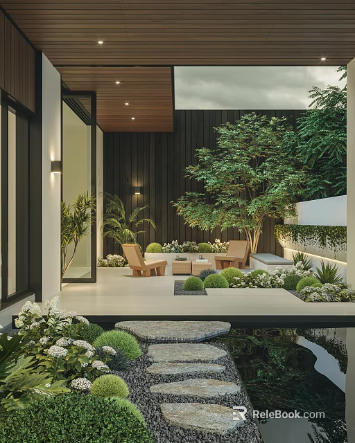 Modern Garden Landscape With Lush Greenery Stone Paths Seating Area And Water Feature 3d model 