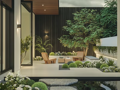Modern Garden Landscape With Lush Greenery Stone Paths Seating Area And Water Feature 3d model
