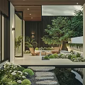 Modern Garden Landscape With Lush Greenery Stone Paths Seating Area And Water Feature