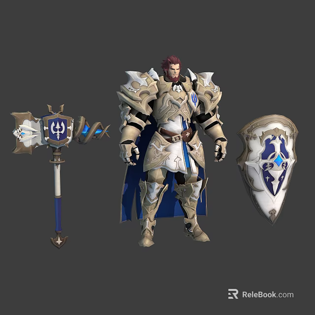 Mighty Armored Warrior With Silver Blue Armor Ornate Hammer Shield And Blue Gemstone Accents 3d model 