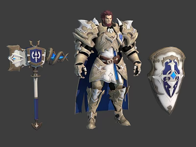 Mighty Armored Warrior With Silver Blue Armor Ornate Hammer Shield And Blue Gemstone Accents 3d model