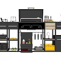 Mobile Black Kitchen Cart With Grill Spices Cooking Utensils And Fruits