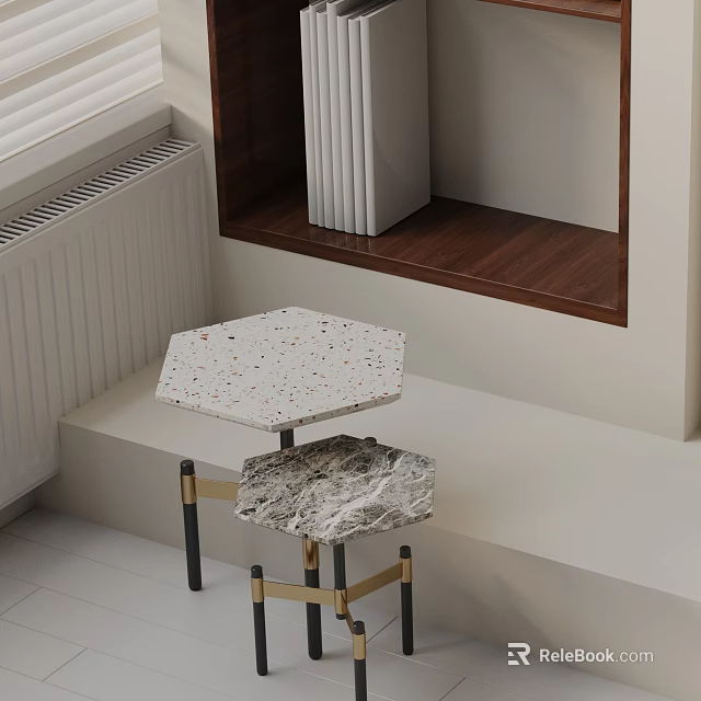 Modern Hexagonal Side Table With Terrazzo Top And Black Gold Metal Legs 3d model 