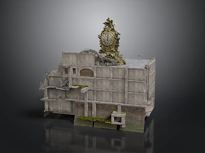Old Weathered Stone Building Structure With Clock On Top And Broken Sections 3d model