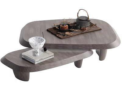 Modern Layered Gray Wooden Coffee Table With Tray Teapot And Decorative Items 3d model