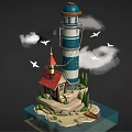 Cartoon Scene with Lighthouse Small House Flying Birds Clouds and Water Around Island