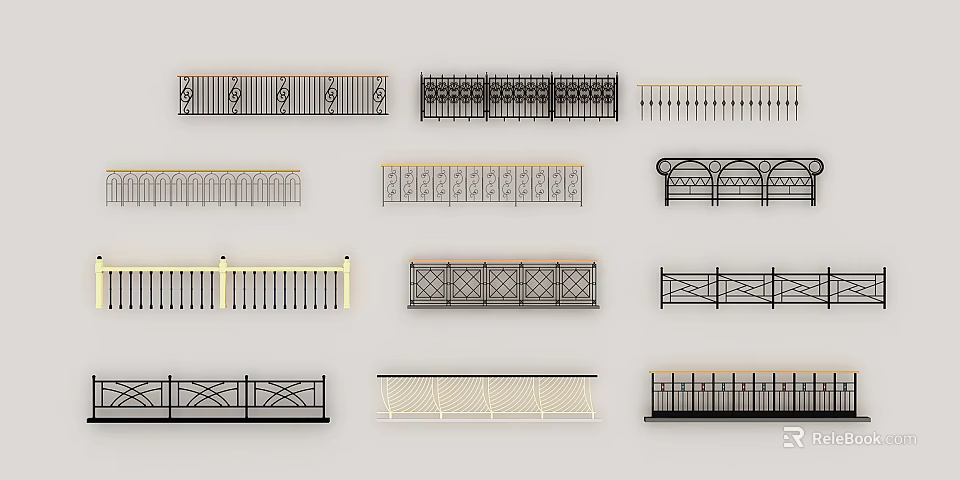 Various Decorative Fence Designs With Iron Railings And Patterned Structures 3d model