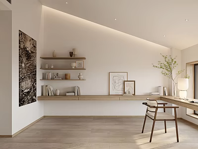 Modern Study Room With Wooden Bookshelf Desk Decorative Painting Green Plant And Soft Lighting 3d model