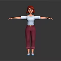 3D Female Character With Red Hair White Top Maroon Pants Arms Outstretched On Gray Background