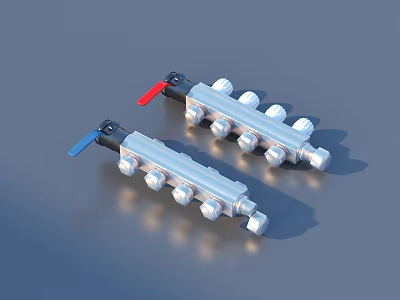 Two Silver Household Plumbing Manifold Valves With Red Blue Handles 3d model