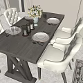 Elegant Wooden Dining Table and Upholstered Chairs Set With White Flower Vase and Tableware