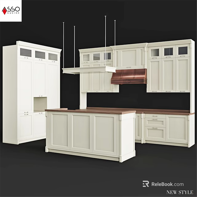 White Kitchen Cabinets With Island Countertop And Copper Range Hood Design 3d model 