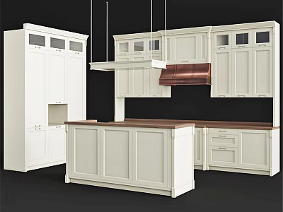 White Kitchen Cabinets With Island Countertop And Copper Range Hood Design 3d model