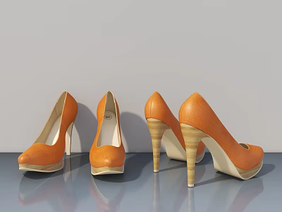 Three Pairs Of Orange High Heels With Wooden Heels On Gray Background 3d model