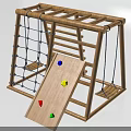 Outdoor Kids Wooden Playground Equipment With Climbing Net Ladder And Slide With Colorful Dots