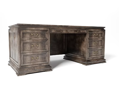 Vintage Wooden Desk With Multiple Drawers Golden Handles Distressed Finish And Sturdy Structure 3d model