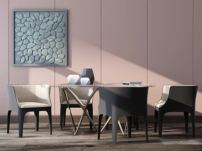 Modern Dining Table Set With Glass Top Light And Dark Chairs Light Pink Wall Art 3d model
