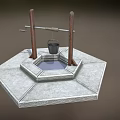 Traditional Garden Ornament With Hexagonal Stone Base Small Water Basin Wooden Lever And Bucket