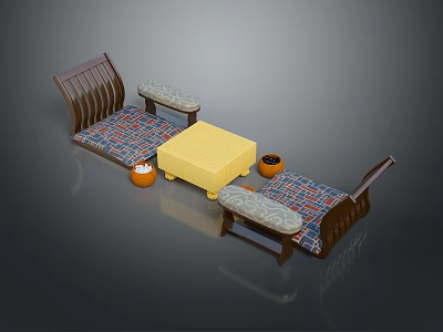Cozy Living Room Setup With Wooden Sofas Yellow Coffee Table And Patterned Rug 3d model