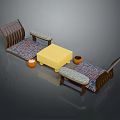 Cozy Living Room Setup With Wooden Sofas Yellow Coffee Table And Patterned Rug 3d model