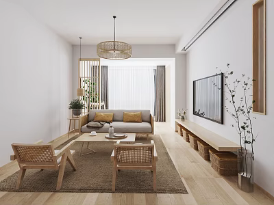 Bright Living Room With Rattan Pendant Light Beige Sofa Wooden Coffee Table And Green Plants 3d model