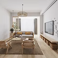 Bright Living Room With Rattan Pendant Light Beige Sofa Wooden Coffee Table And Green Plants